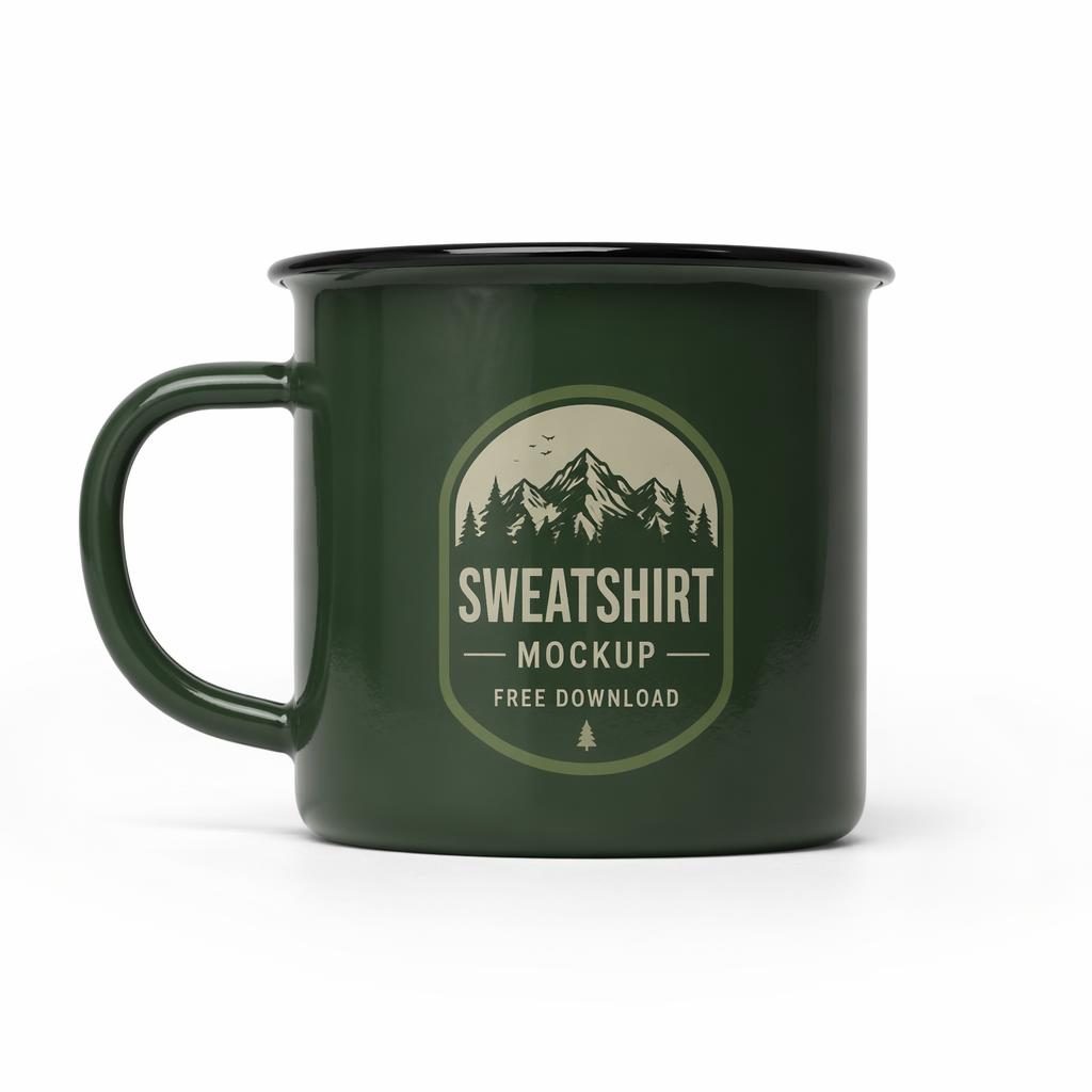 Forest green enamel mug mockup on a white background with centered sage and ivory placeholder typography logo