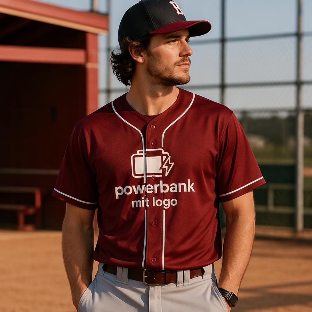 Fotorealistisches bordeauxfarbenes Baseball-Jersey mit mittigem powerbank mit logo-Aufdruck, outdoor inszeniert.