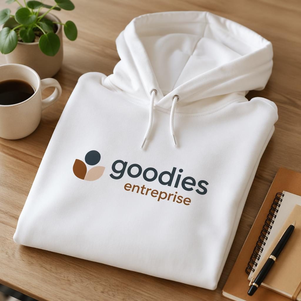Hoodie blanc avec logo goodies entreprise au centre, posé sur un bureau lifestyle avec mug et papeterie.