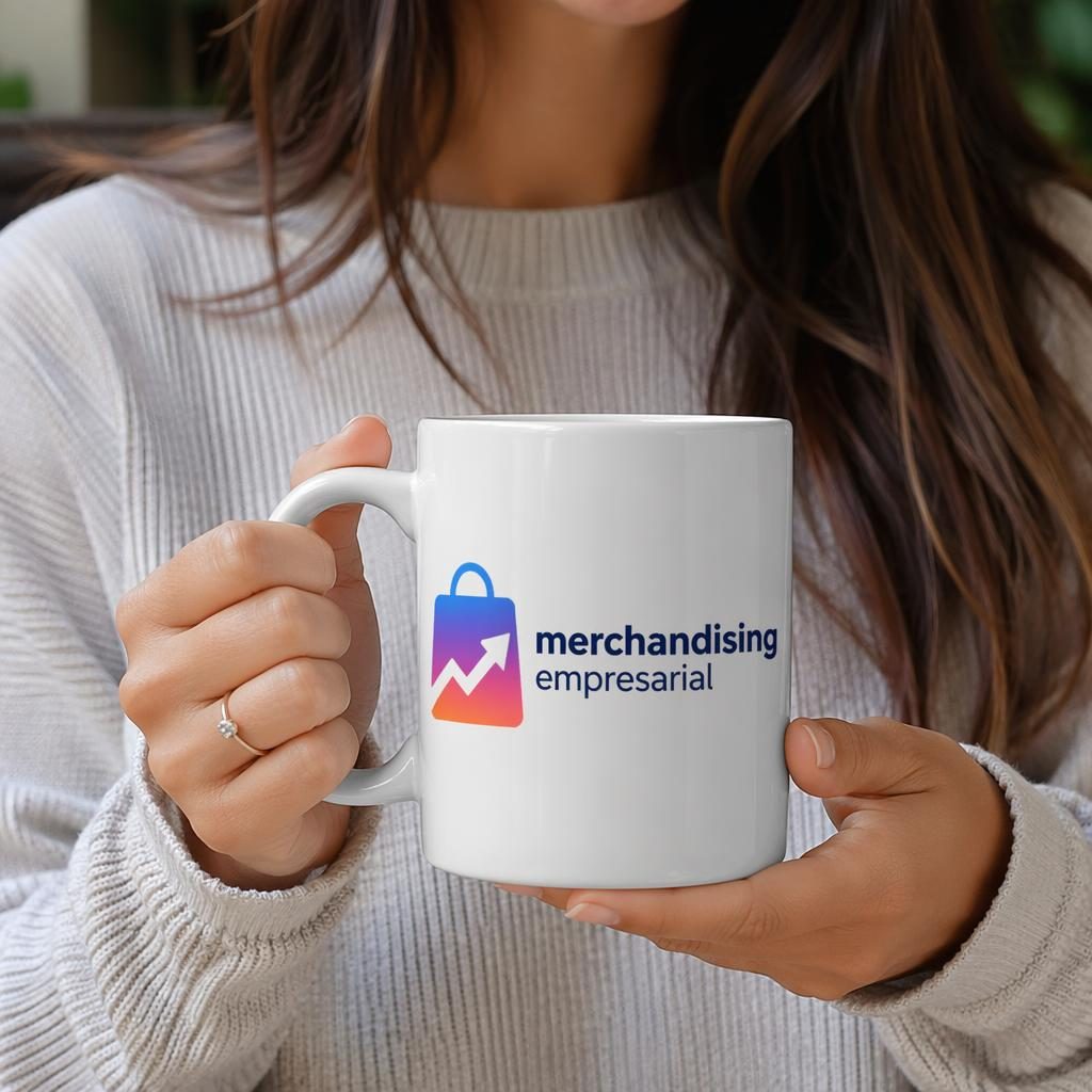 Taza blanca de cerámica con logo envolvente de merchandising empresarial en degradado vibrante, foto de estudio.