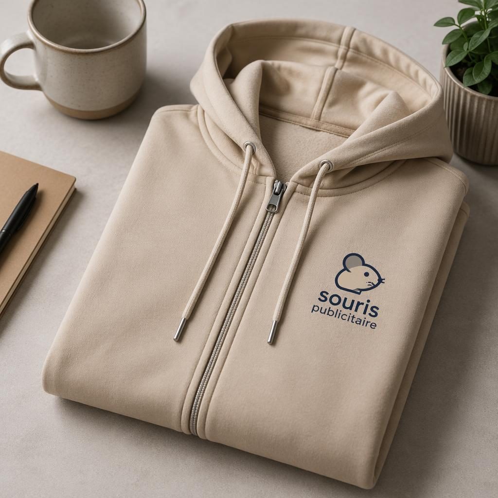 Pile de hoodies zippés beige sable pliés, logo souris publicitaire discret à gauche, palette bleu marine et crème