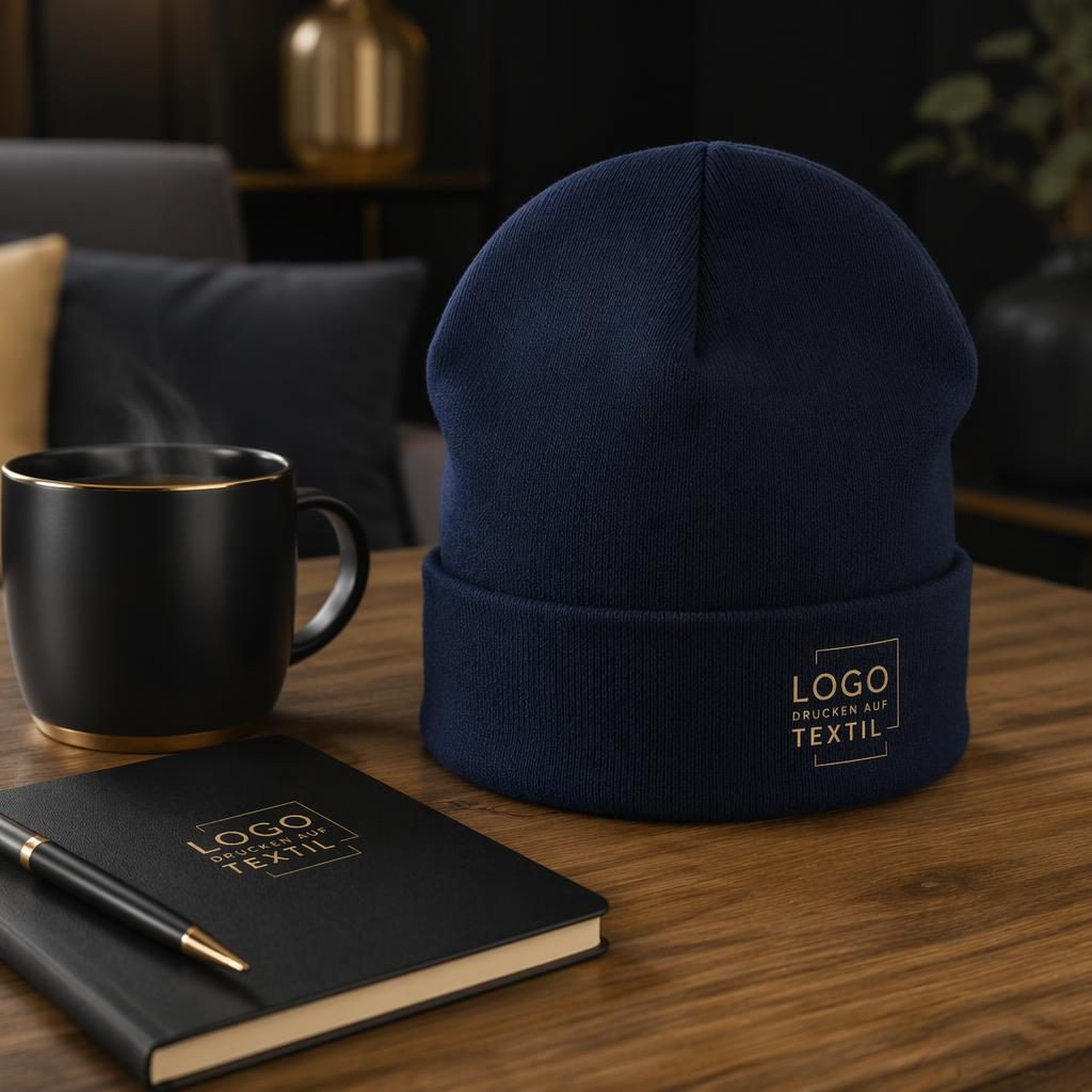 Fotorealistisches Mockup einer navyfarbenen Beanie mit kleinem generischem Logo links, Cozy-Home-Setting in Schwarz und Gold.
