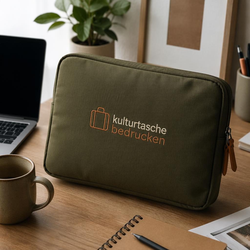 Olivgrüne Laptop-Hülle mit gesticktem kulturtasche bedrucken Logo in warmer Desk-Lifestyle-Szene
