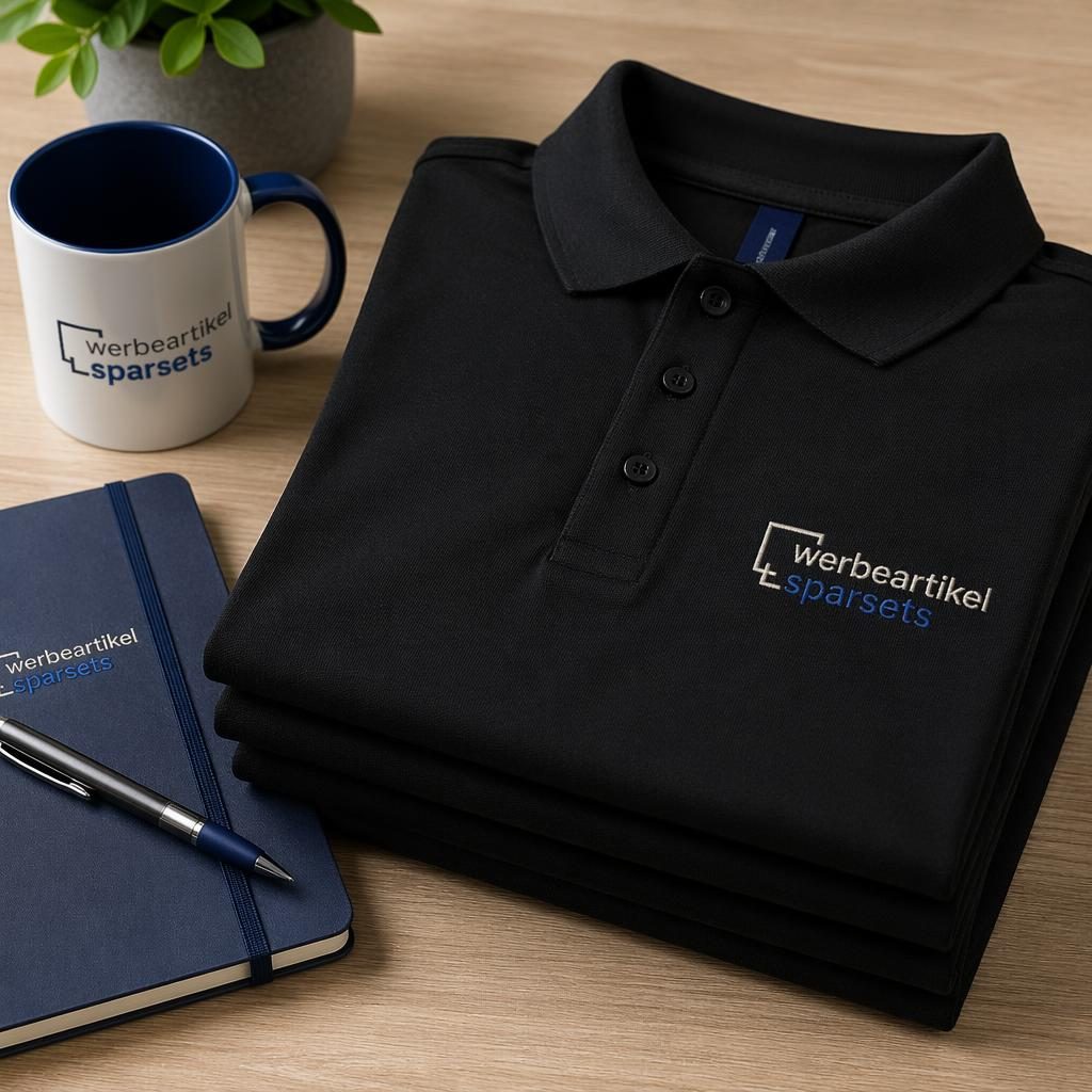 Gefalteter Stapel schwarzer Poloshirts mit aufgesticktem werbeartikel sparsets Logo in Navy und Creme im Studio.
