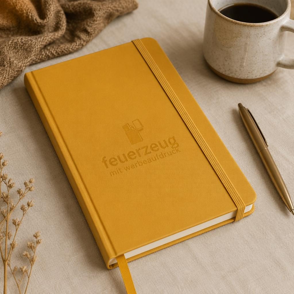 Senfgelbes Notizbuch im Desk-Lifestyle-Mockup mit dezentem Ton-in-Ton-Logo, neben Tasse und Stoff in warmen Erdtönen