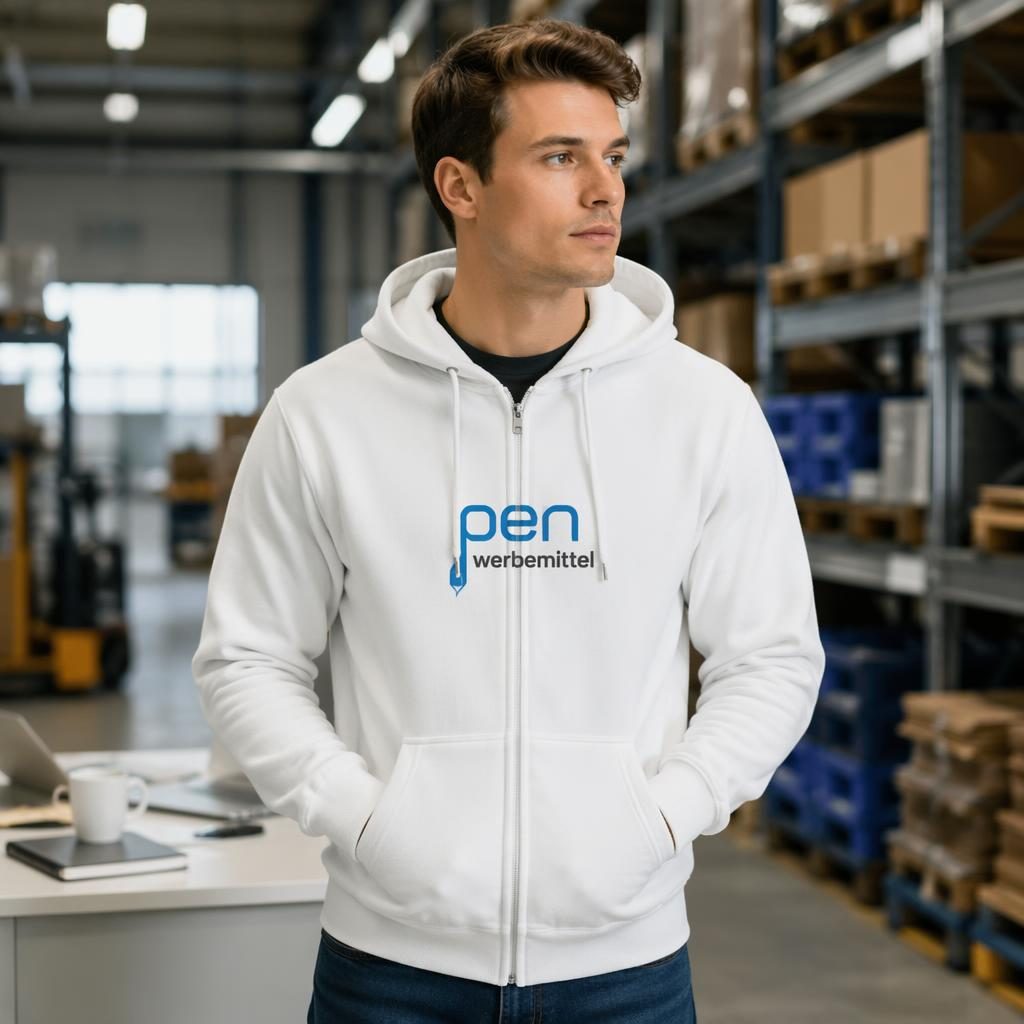 Weißer Zip-Hoodie mit pen werbemittel Logo auf der Brust, fotografiert im industriellen Warehouse-Stil.