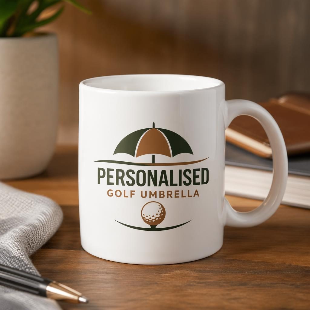 White ceramic mug mockup on a desk with wrap-around personalised golf umbrella logo in warm earth tones