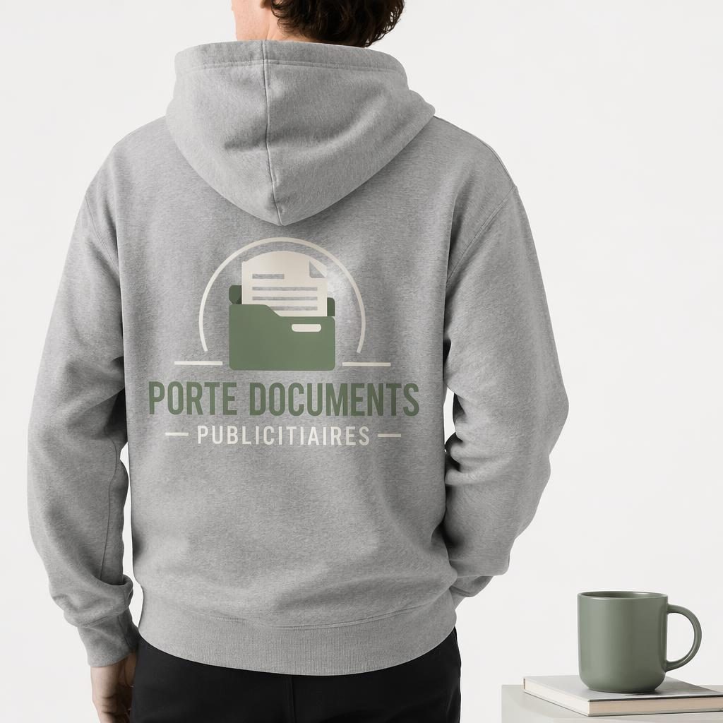 Mockup photo réaliste d’un hoodie gris chiné vu de dos, logo porte documents publicitaires en grand sur fond blanc