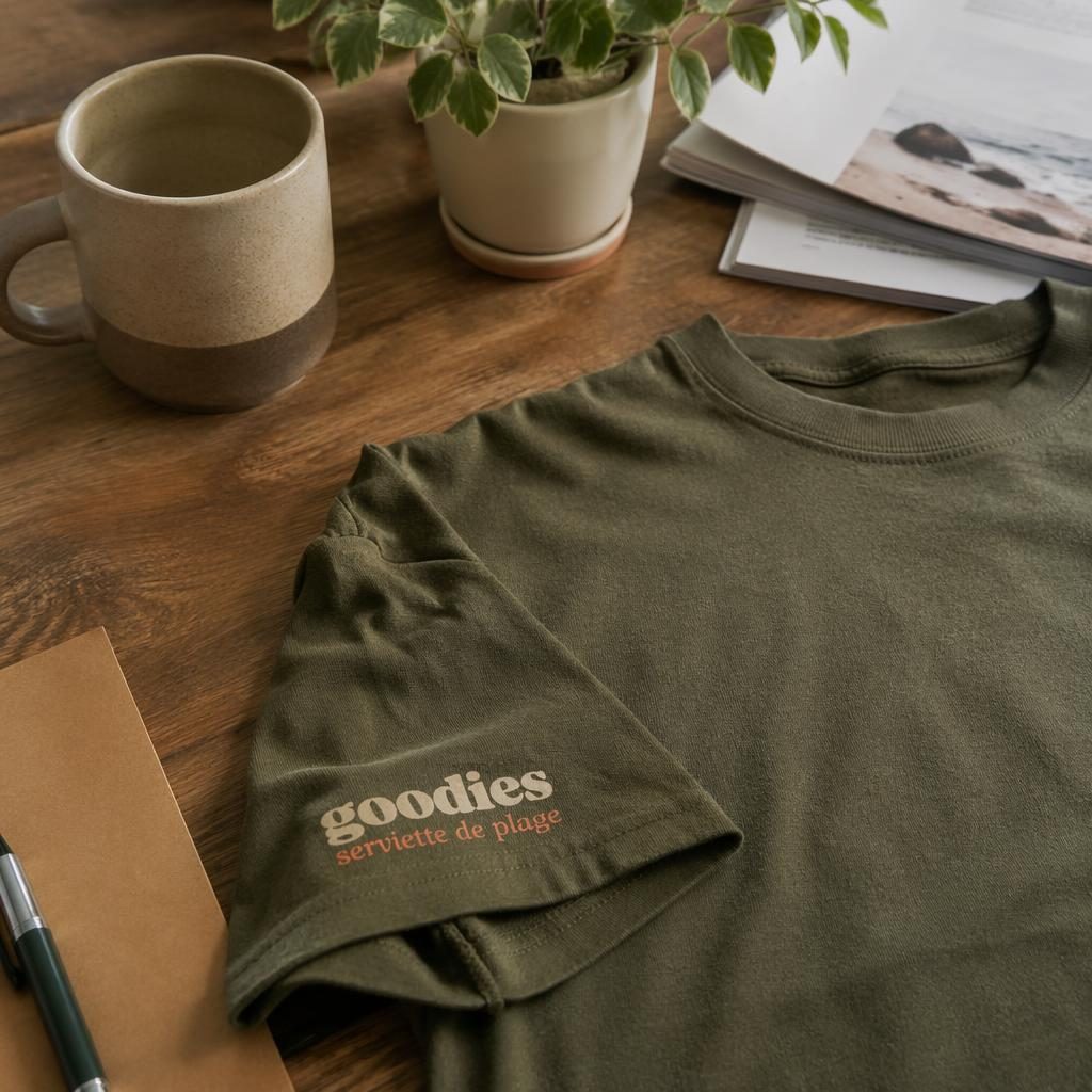 Mockup photo réaliste d’un t-shirt vert olive sur bureau, logo goodies serviette de plage imprimé sur la manche.
