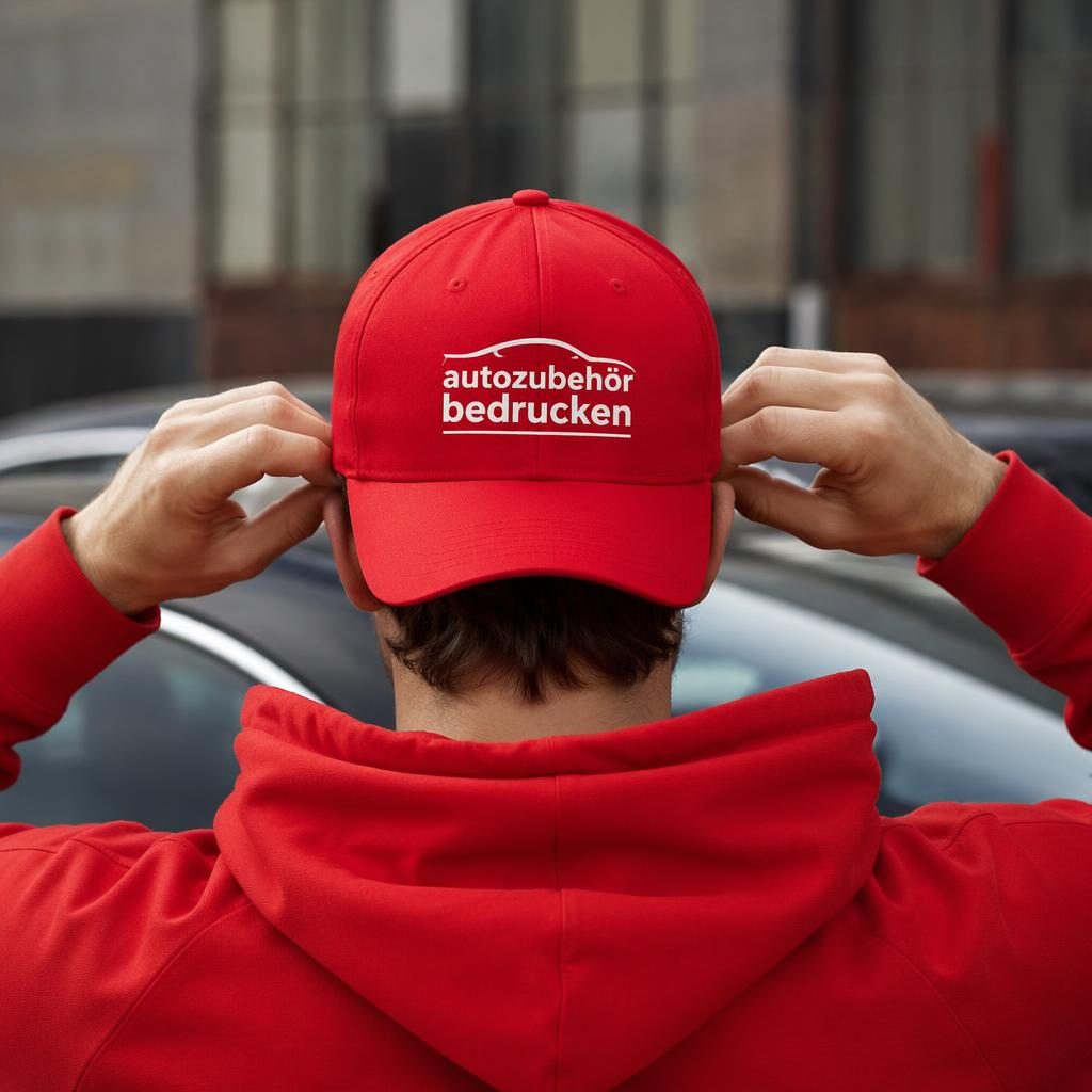 Fotorealistisches Mockup einer roten Cap mit weißem Logo auf der Rückseite, outdoor inszeniert, mit sichtbarer Stoffstruktur