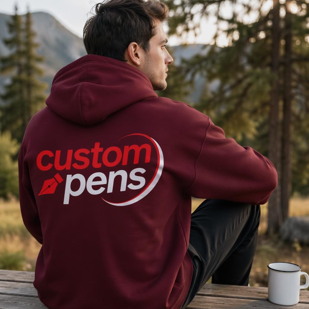 Photoreal burgundy hoodie mockup outdoors with bold red and white custom pens wraparound logo print.
