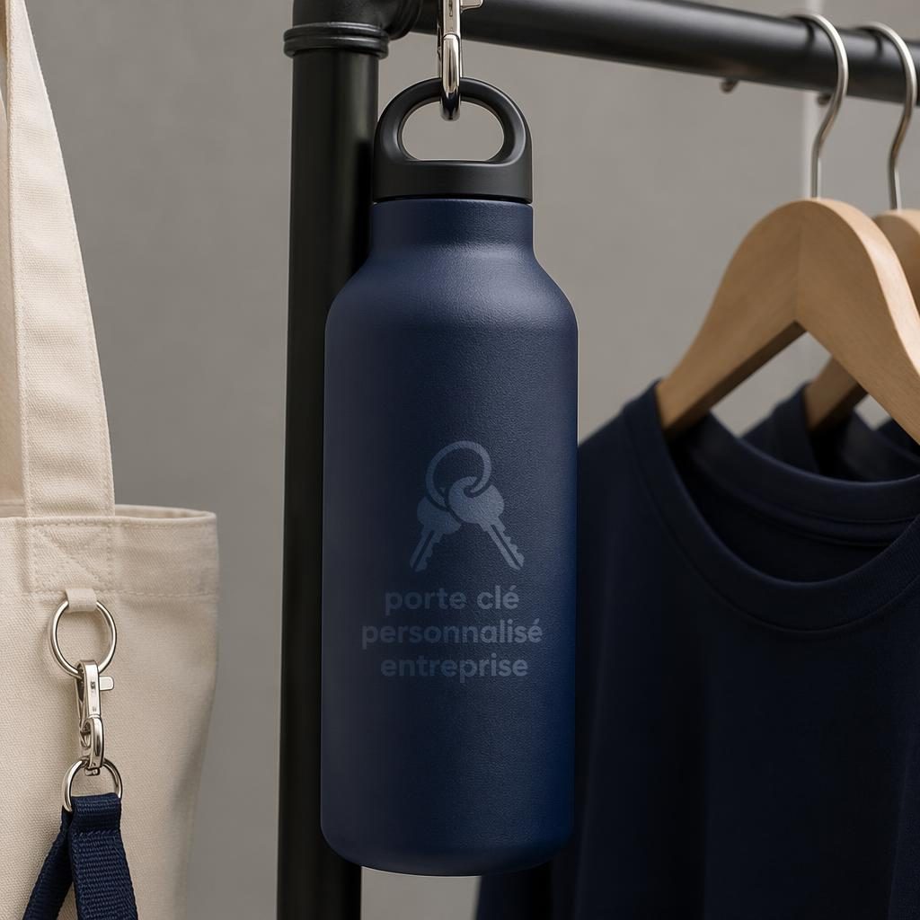 Gourde bleu marine suspendue sur un rack, avec logo ton sur ton discret, en photo studio nette et minimaliste.
