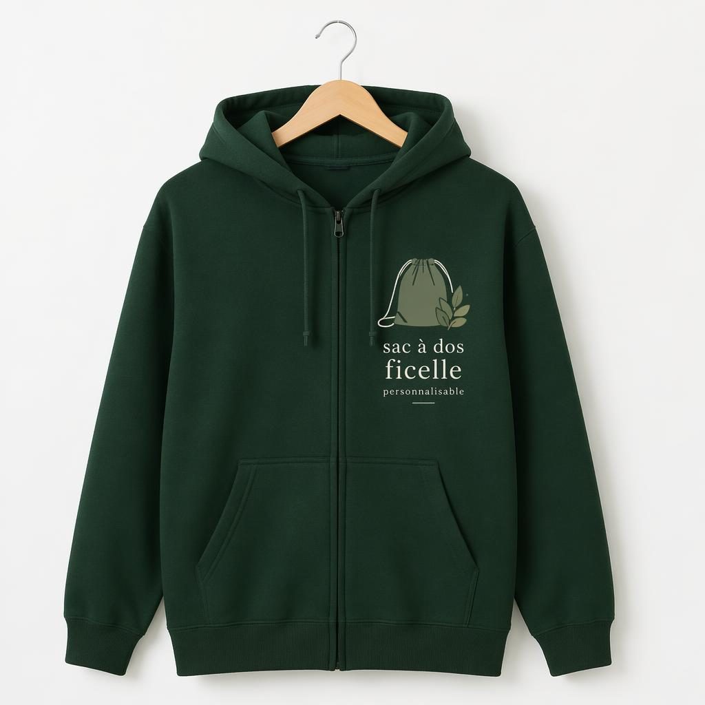 Mockup photo réaliste d’un hoodie zippé vert forêt sur fond blanc, avec logo centré sage et ivoire.