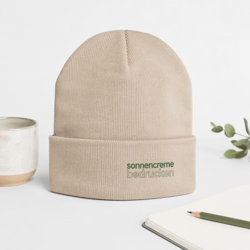 Sandfarbene Beanie als Produkt-Mockup auf weißem Hintergrund mit kleinem sage-ivory Logo, scharf und fotorealistisch