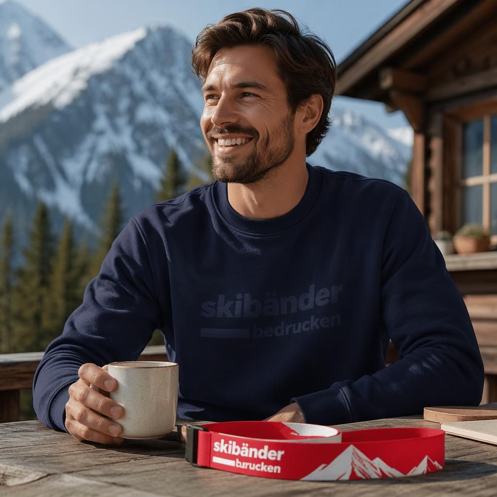 Fotorealistisches Mockup eines navy Crewnecks mit dezentem Ton-in-Ton-Logo im Outdoor-Lifestyle-Stil