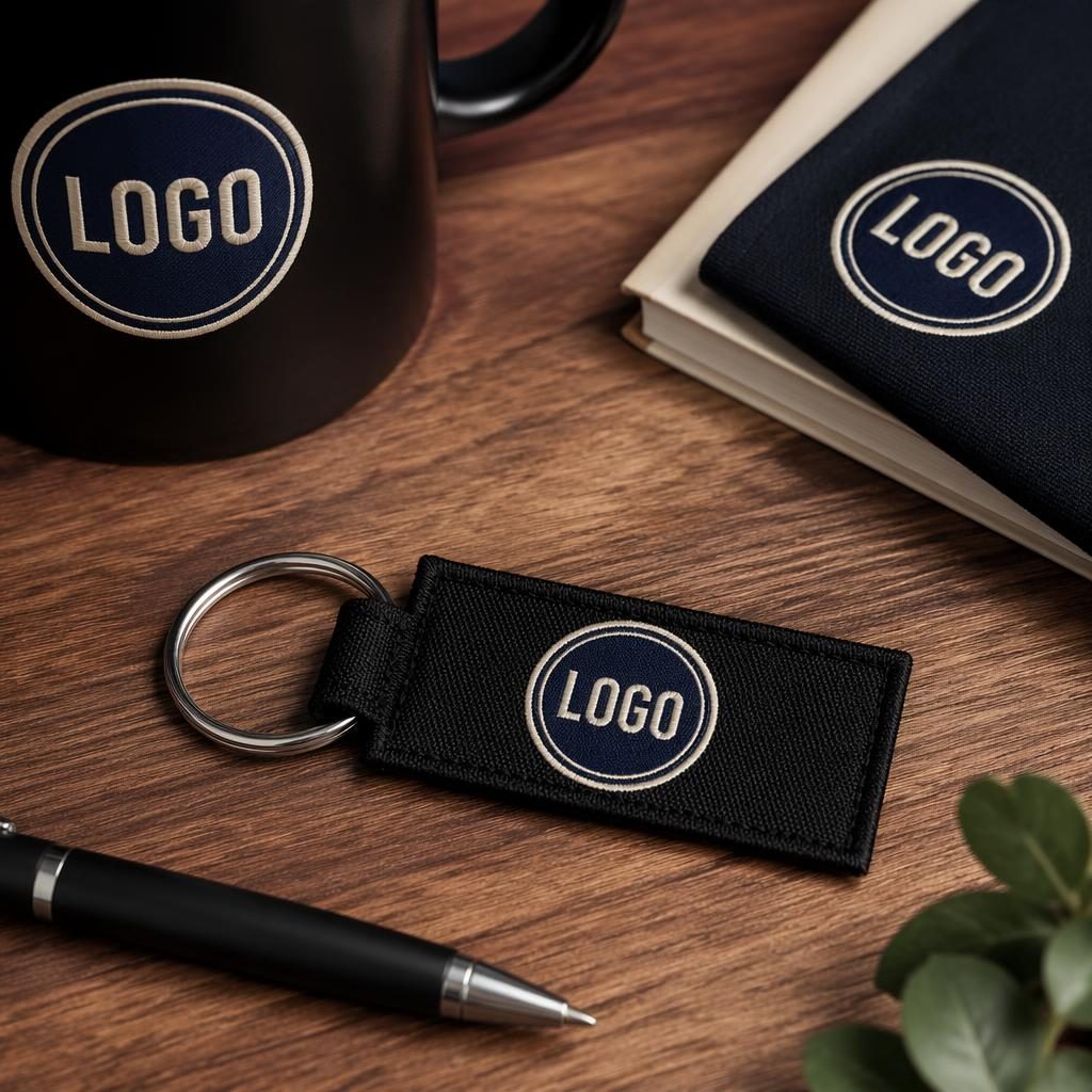 Photo-real black keychain mockup with generic embroidered logo in navy and cream, studio lighting, sharp focus.