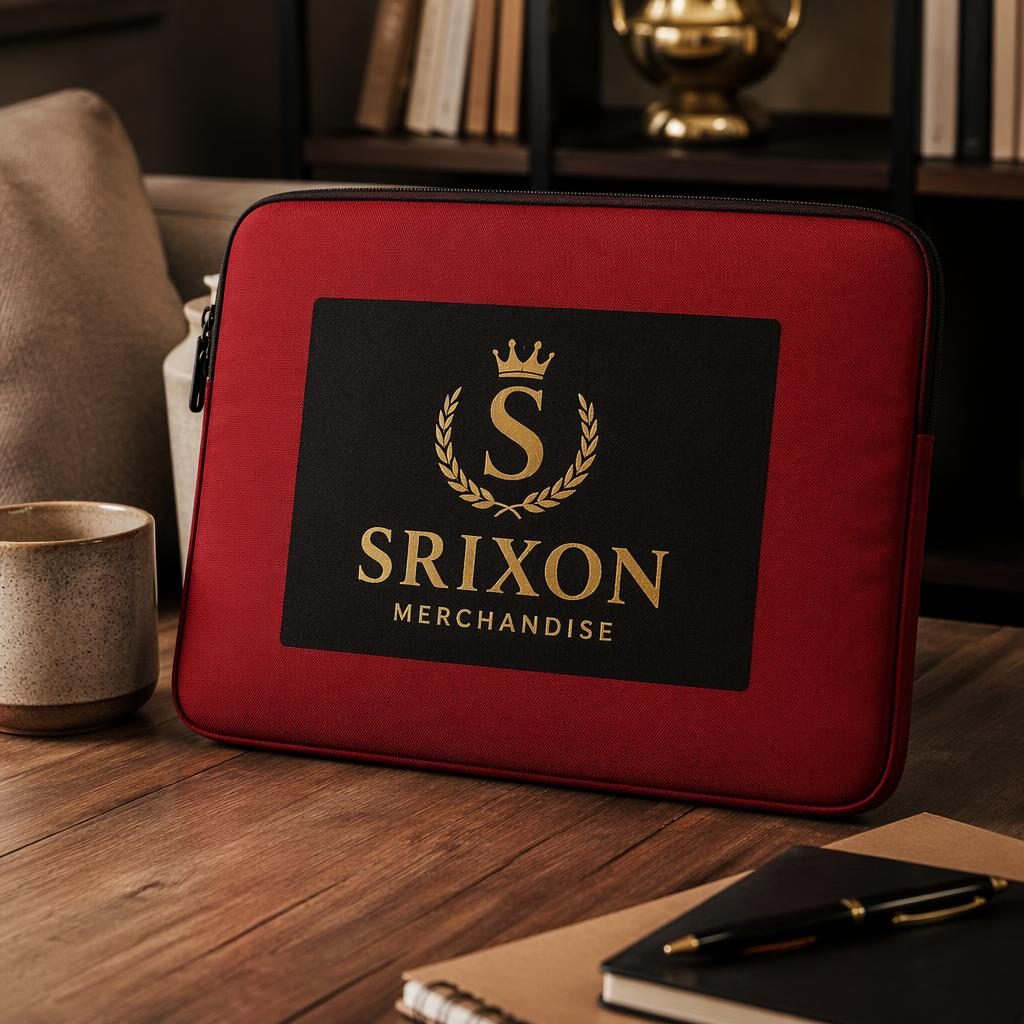 Photo-real red laptop sleeve mockup with generic srixon merchandise logo on the back in a cozy luxury home setting.