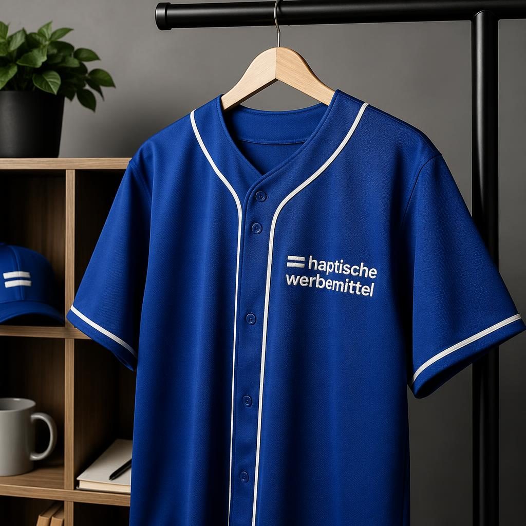 Royalblaues Baseball-Jersey mit haptische werbemittel Logo, hängend an einer Kleiderstange im Studio