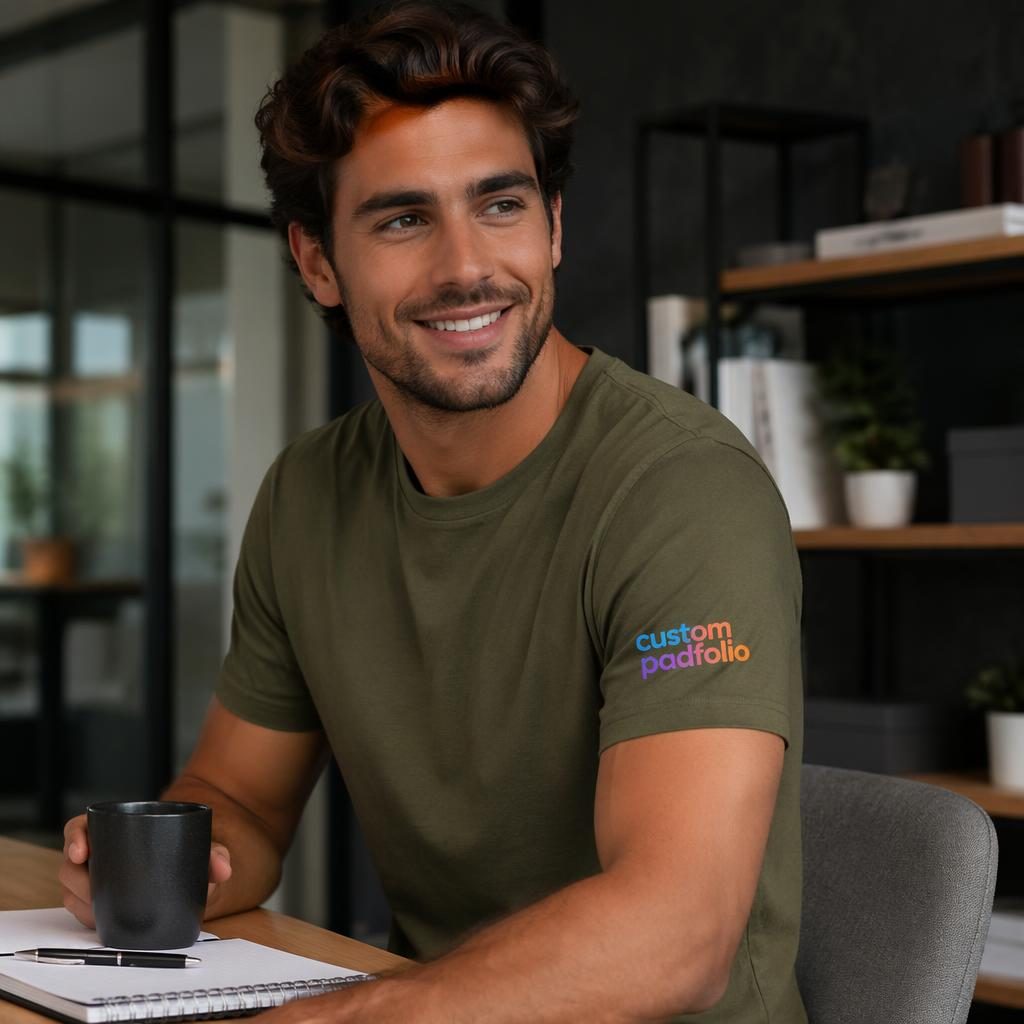 Model wearing an olive green t-shirt mockup with a vibrant custom padfolio logo printed on the sleeve.