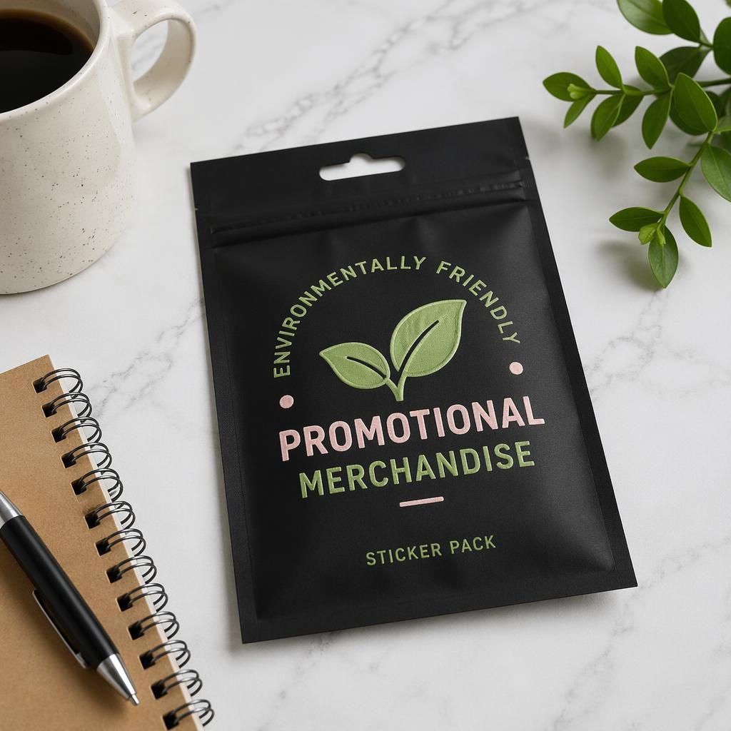 Studio flat lay of a black sticker pack mockup with a soft pastel eco logo, sharp detail and realistic paper texture.