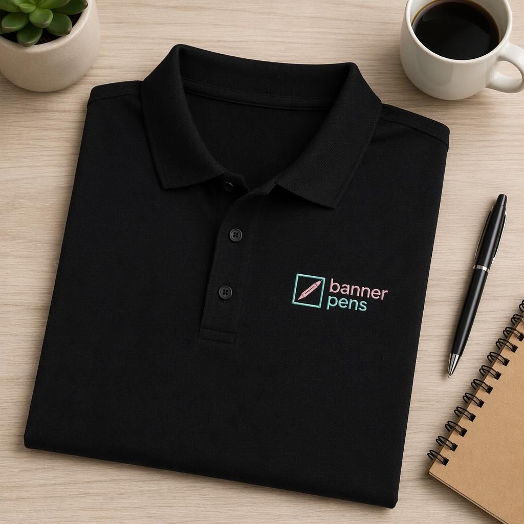 Black polo shirt flat lay mockup with banner pens logo in embroidered style, soft pastel branding, studio lighting