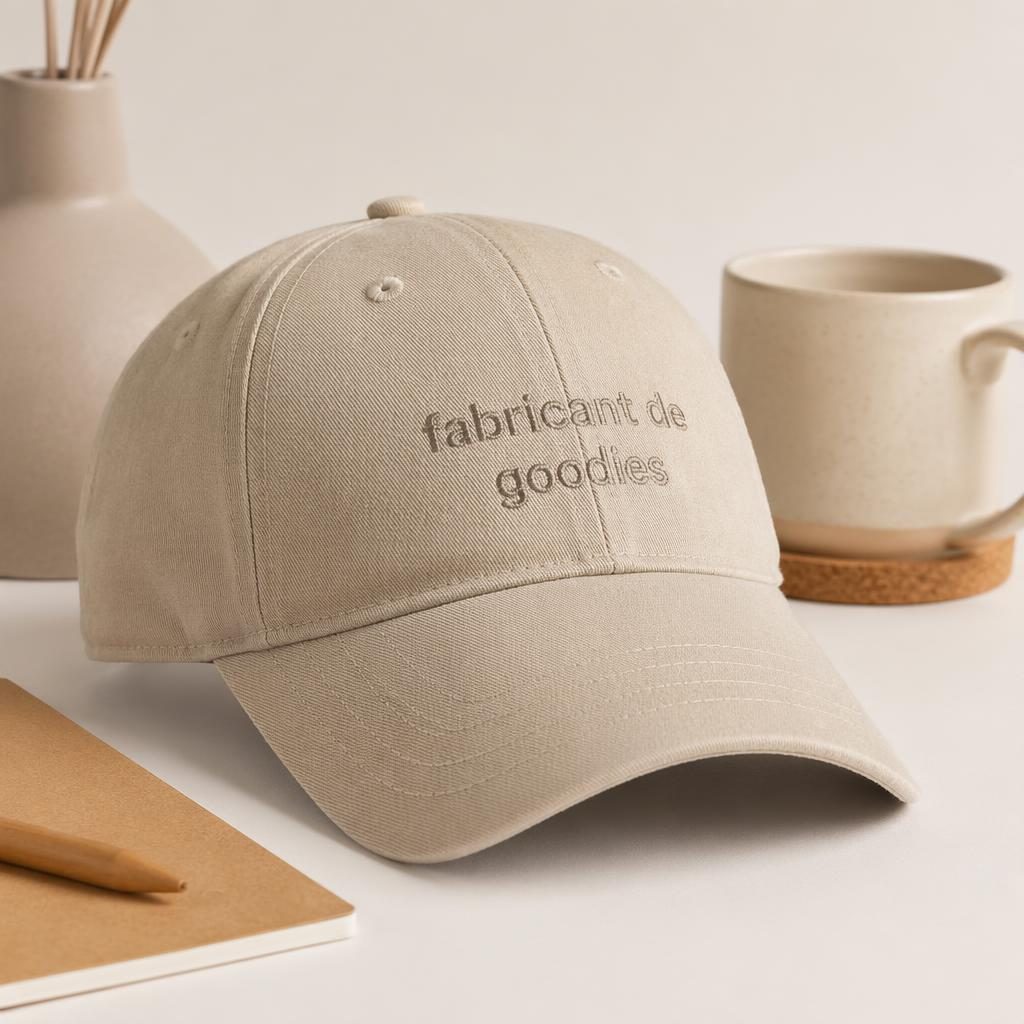 Casquette beige en flat lay studio avec logo ton sur ton fabricant de goodies, texture textile nette.