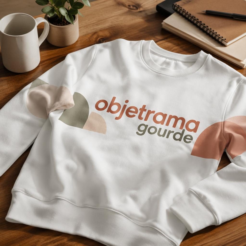 Sweatshirt blanc en mockup photo réaliste sur un bureau, logo objetrama gourde en impression panoramique, ambiance terre chaude