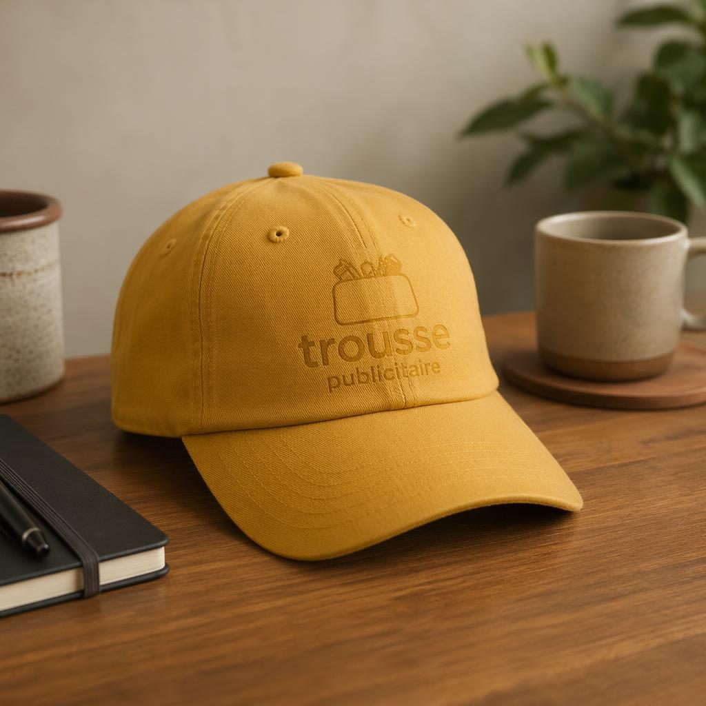 Casquette jaune moutarde en mockup photo réaliste sur bureau, logo ton sur ton subtil, ambiance lifestyle aux tons terre