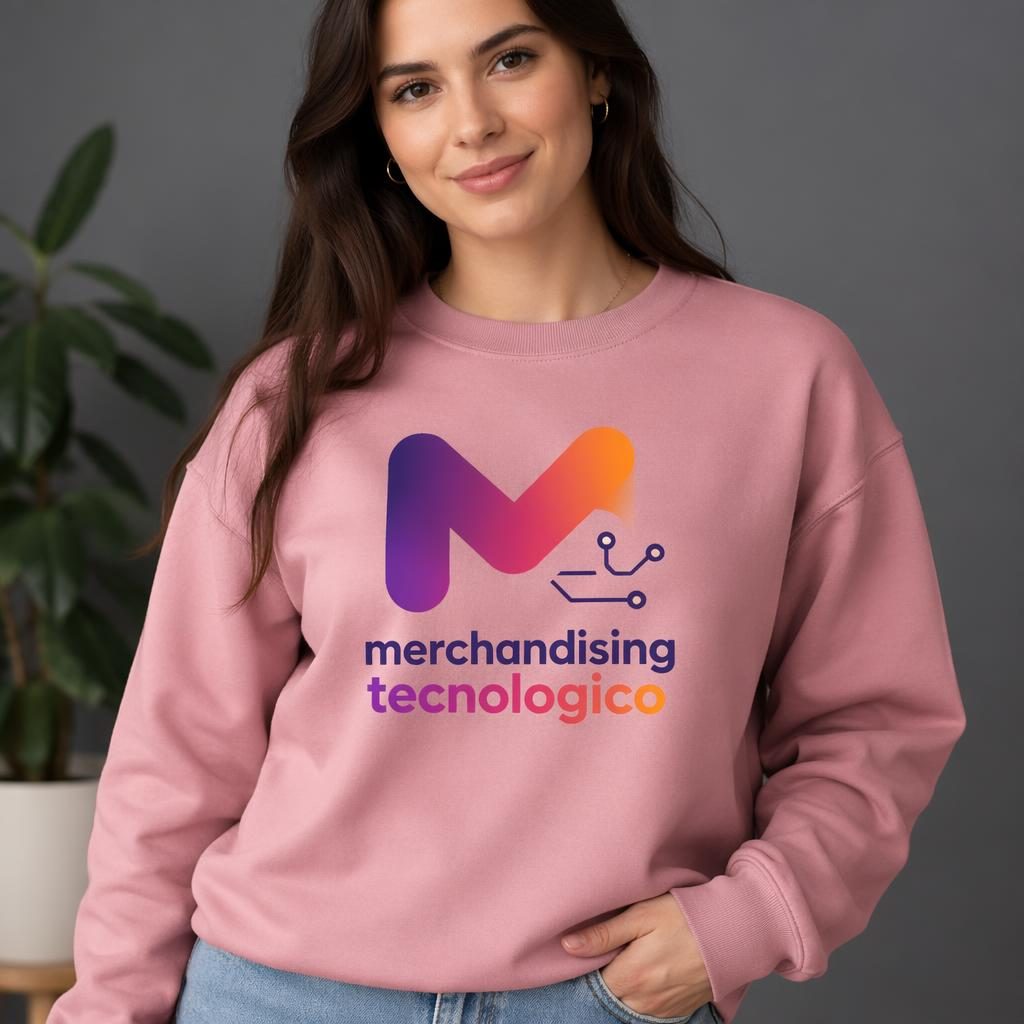 Modelo con sudadera rosa empolvado de cuello redondo y logo grande en degradado, foto de estudio en foco nítido.
