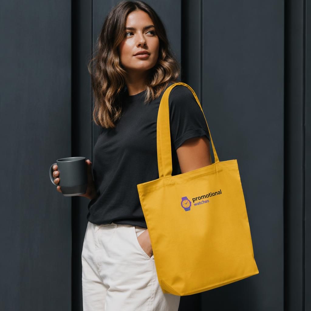 Model wearing a mustard yellow tote bag with a small promotional watches logo in a vibrant gradient, studio shot