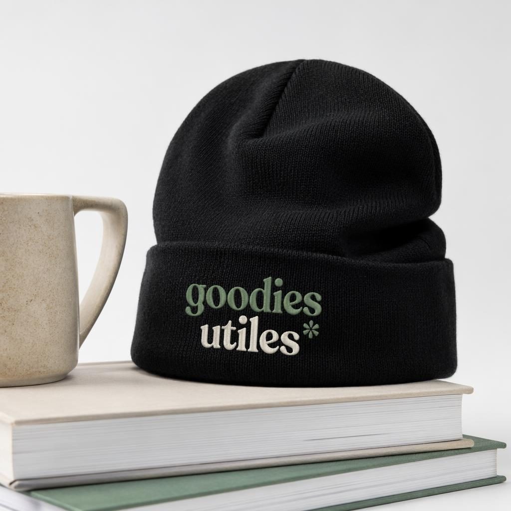 Bonnet noir en mockup photo réaliste sur fond blanc, logo goodies utiles brodé en tons sauge et ivoire.