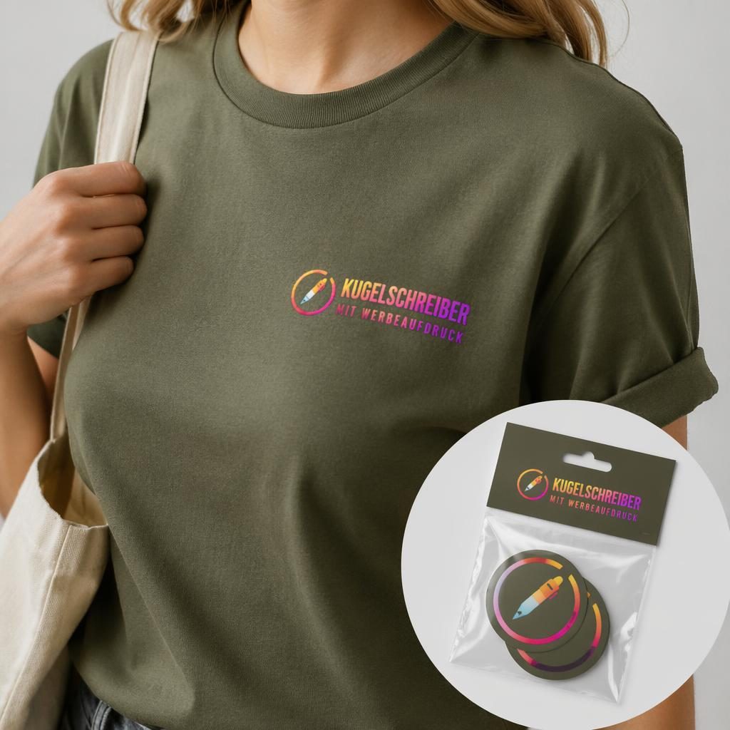 Model trägt olivgrünes Sticker-Pack mit Logo am Sleeve, Studiofoto mit scharfem Fokus und natürlicher Materialstruktur.