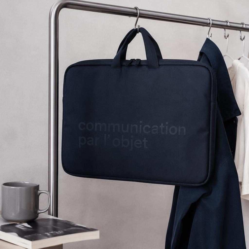 Housse d’ordinateur bleu marine suspendue sur un portant, logo ton sur ton communication par l objet, photo studio nette.