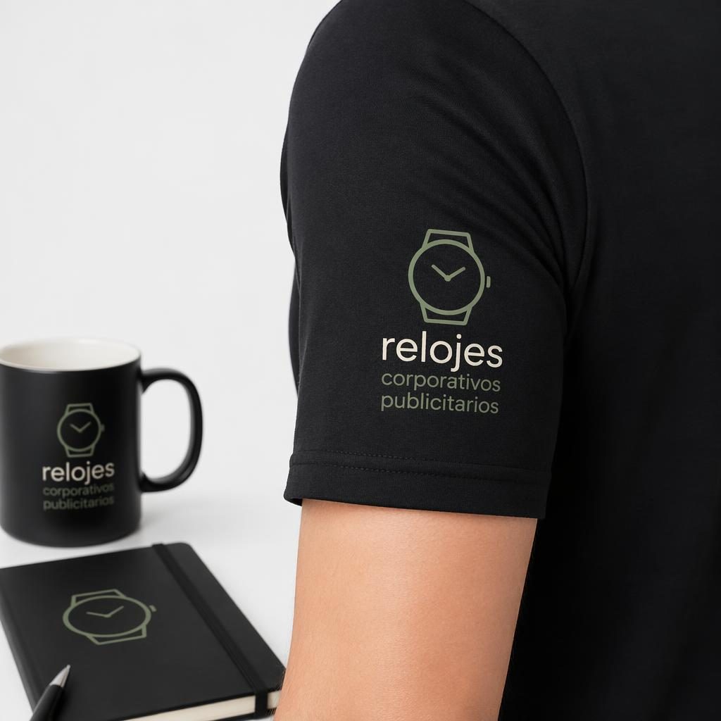 Camiseta negra en mockup fotográfico sobre fondo blanco, con logo en la manga en tonos salvia e marfil.