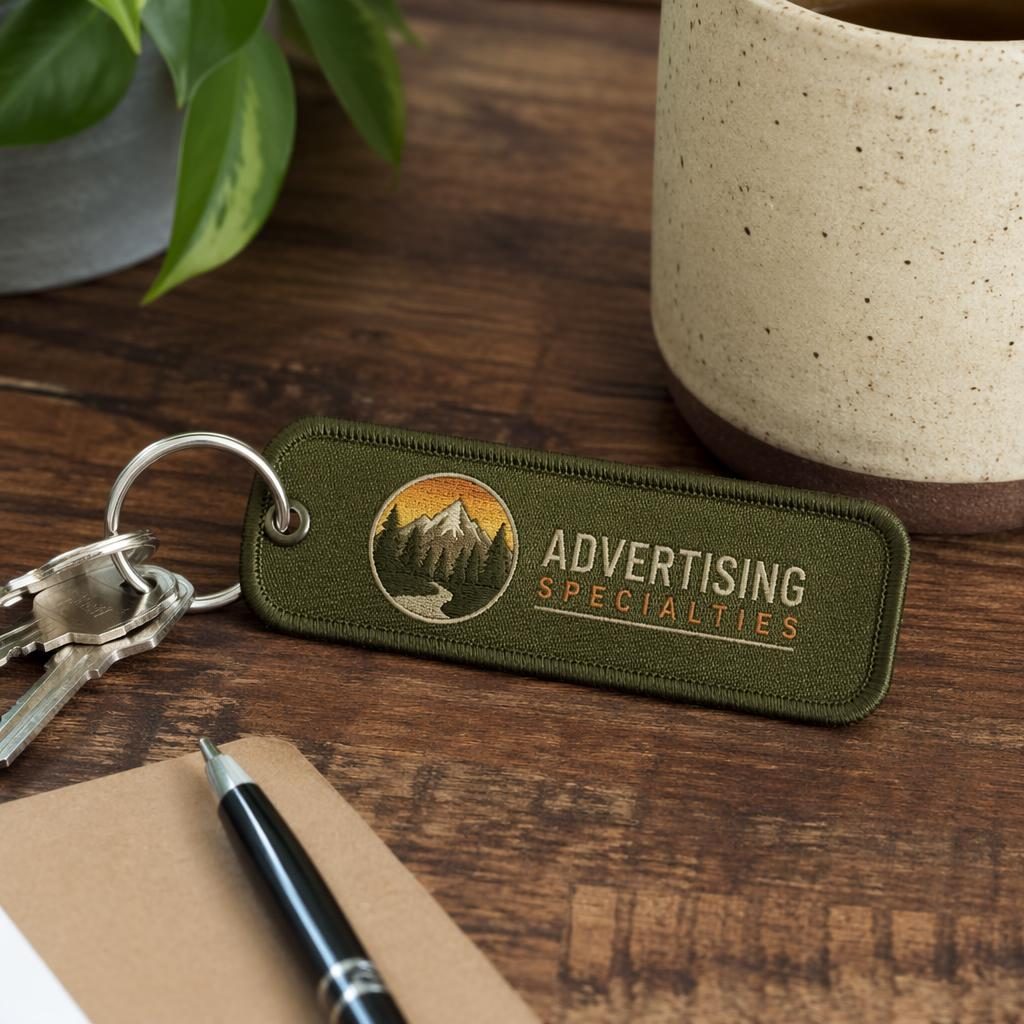 Olive green embroidered keychain mockup on a desk in warm earth tones, shown in sharp studio lighting.