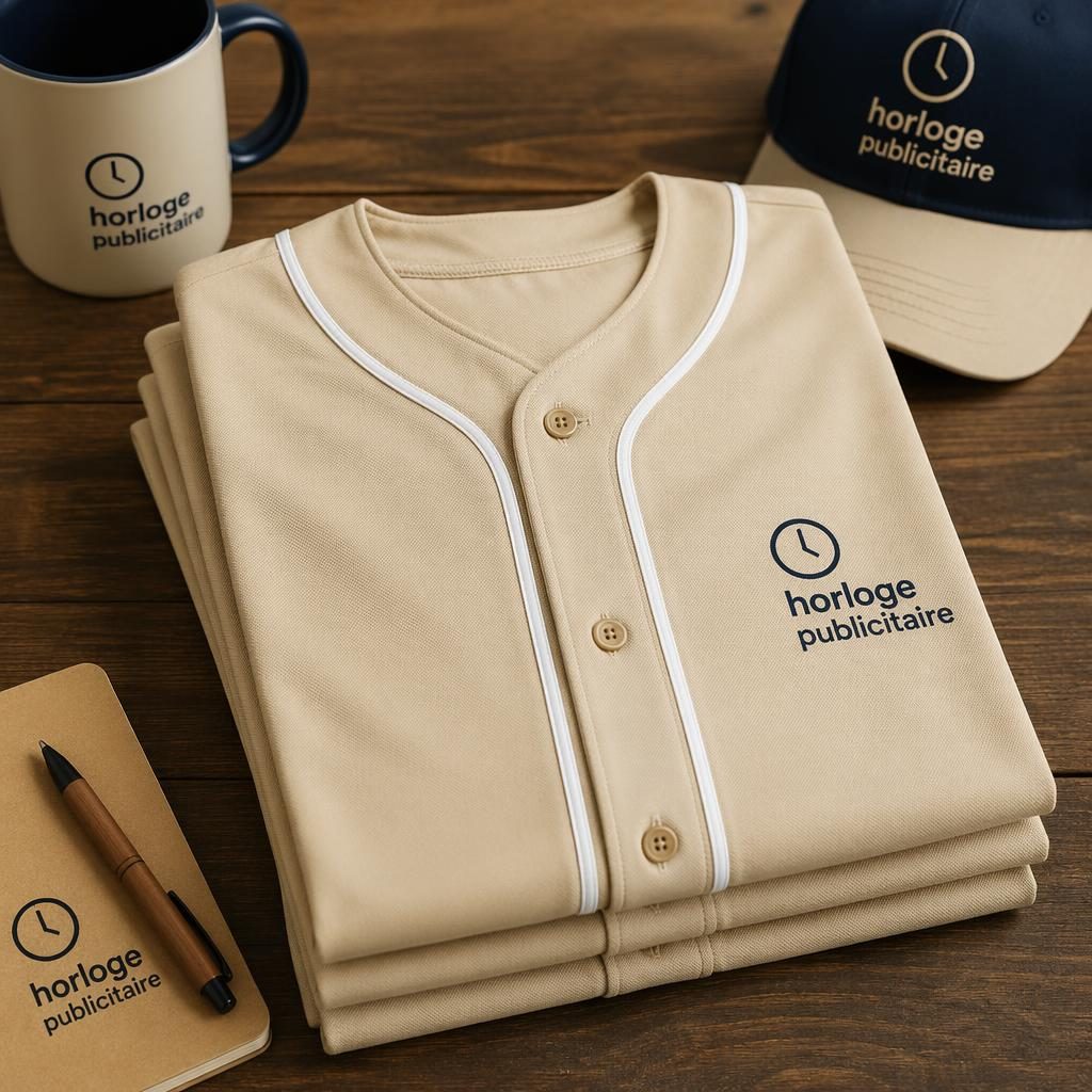 Pile de jerseys de baseball beige sable pliés, logo horloge publicitaire discret à gauche, palette bleu marine et crème