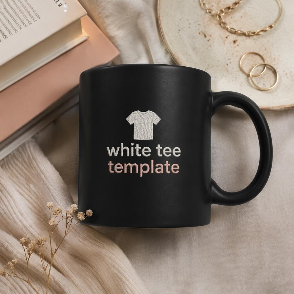Black ceramic mug in a studio flat lay with a soft pastel white tee template logo and realistic paper grain backdrop.