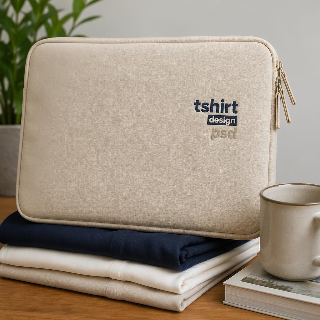 Folded beige sand laptop sleeve mockup with small left logo in navy and cream, studio-lit on a clean backdrop.