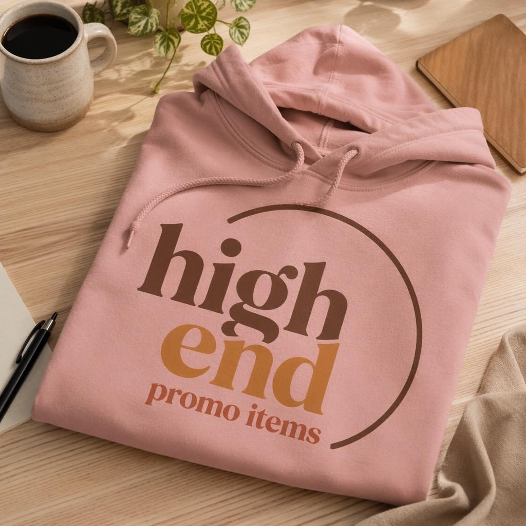 Dusty pink hoodie mockup on a desk with large high end promo items logo, warm earth-toned accessories and studio lighting.