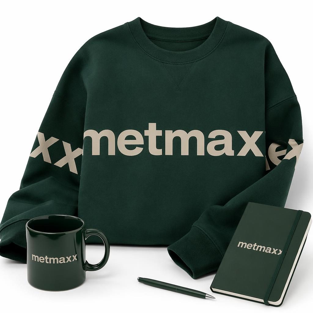 Fotorealistisches waldgrünes Sweatshirt mit umlaufendem metmaxx Logo auf weißem Hintergrund