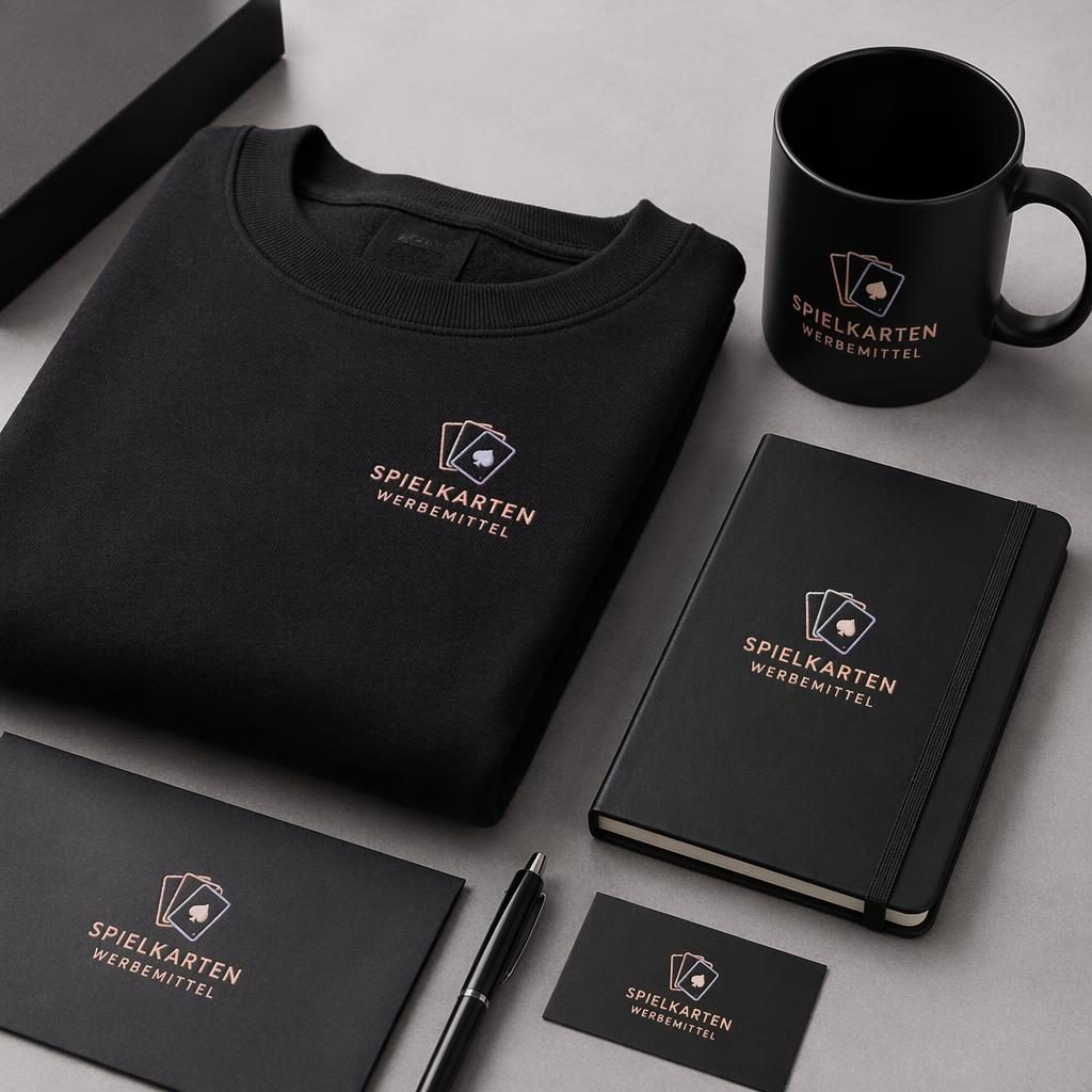 Schwarzes Sticker-Pack als Studio-Flat-Lay mit spielkarten werbemittel Logo, scharfem Fokus und feiner Papierstruktur