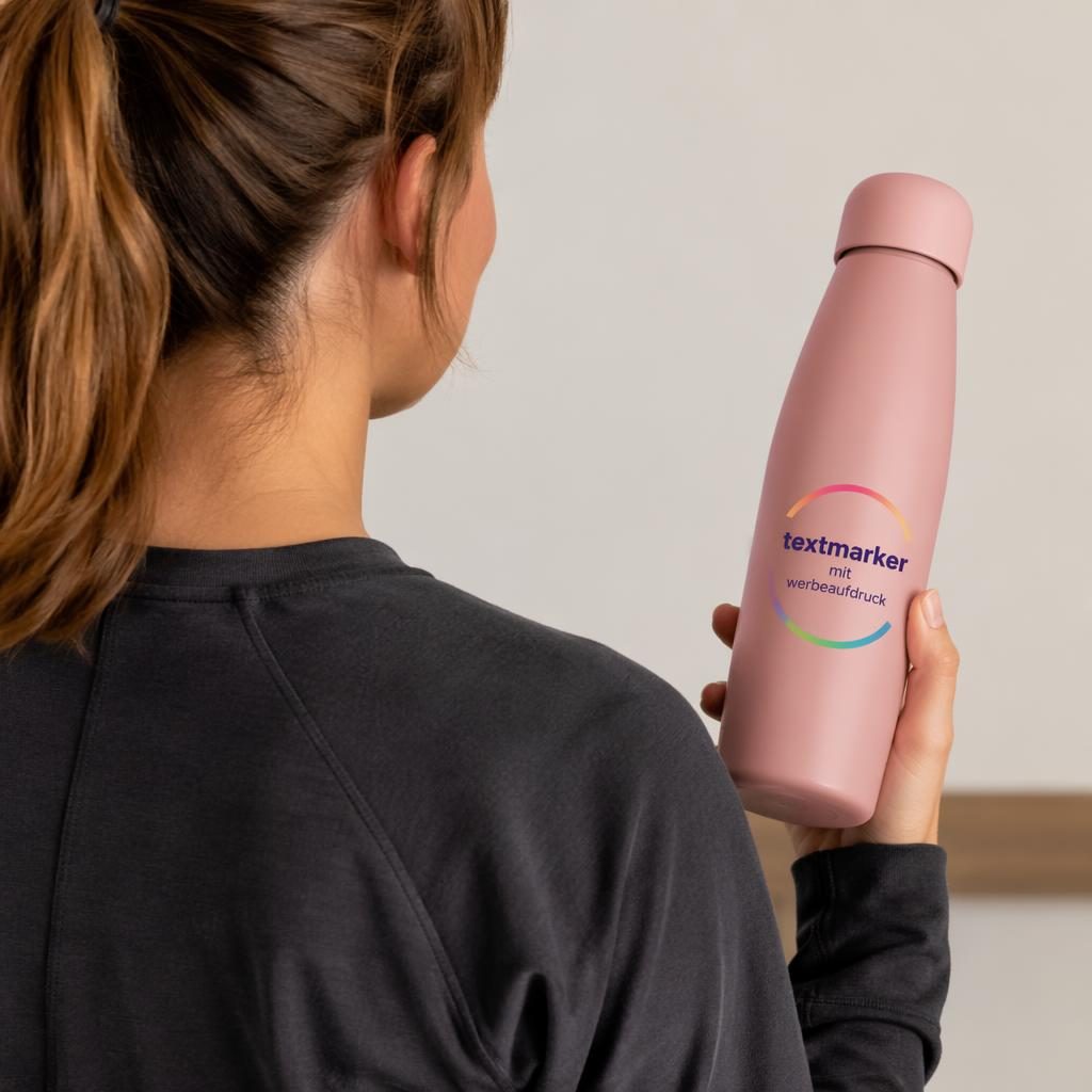 Staubrosa Trinkflasche als realistische Produktaufnahme am Model mit farbigem Verlauf-Logo auf der Rückseite