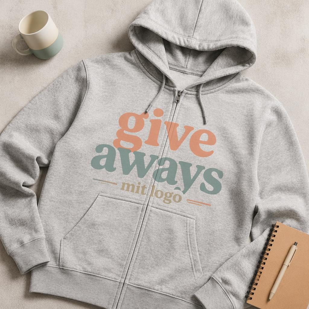 Fotorealistischer Zip-Hoodie in Heather-Grau als Flatlay mit großem Frontprint im pastellfarbenen Studio-Setup