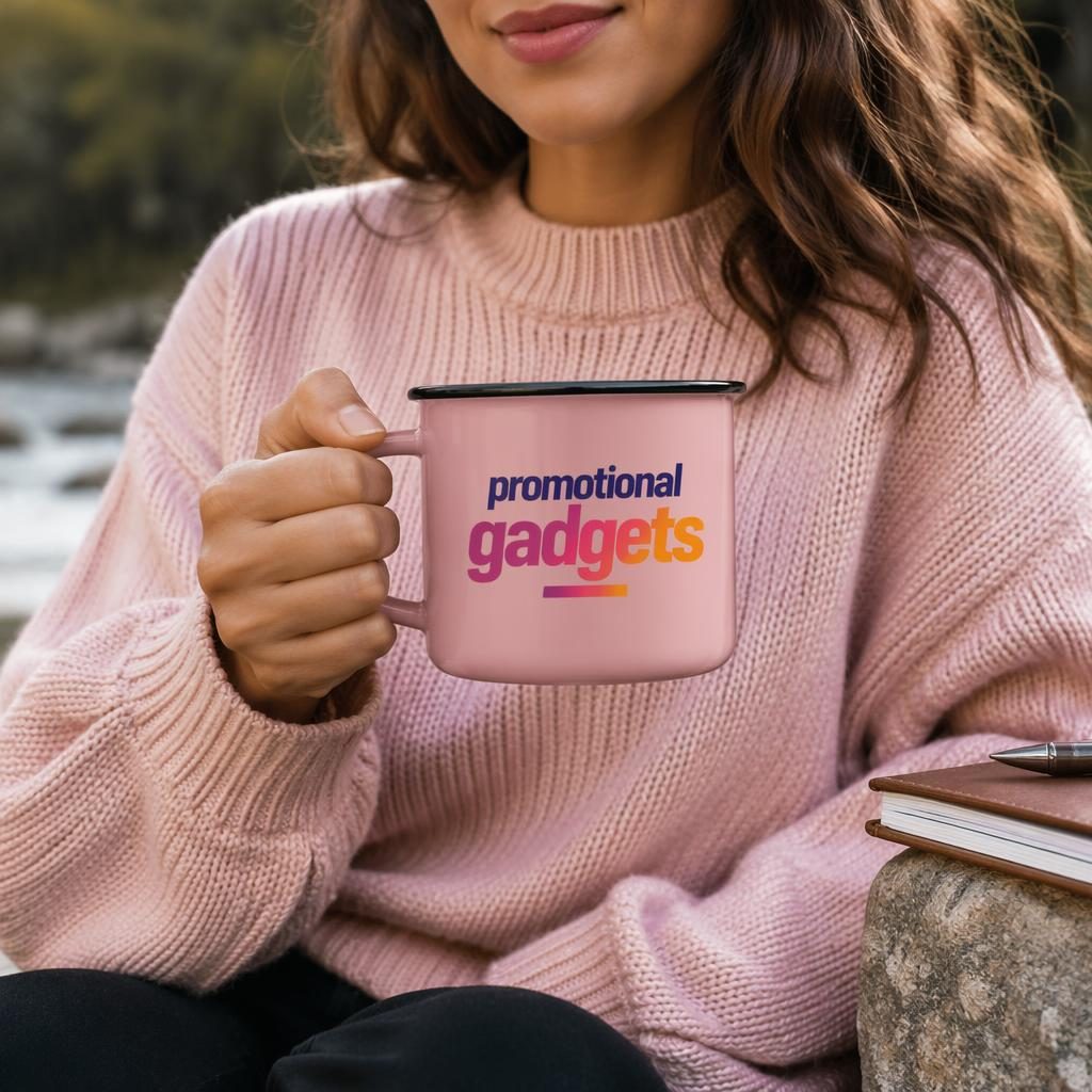 Photo-real product mockup of a dusty pink enamel mug with "promotional gadgets" logo printed at large hero print. Mockup