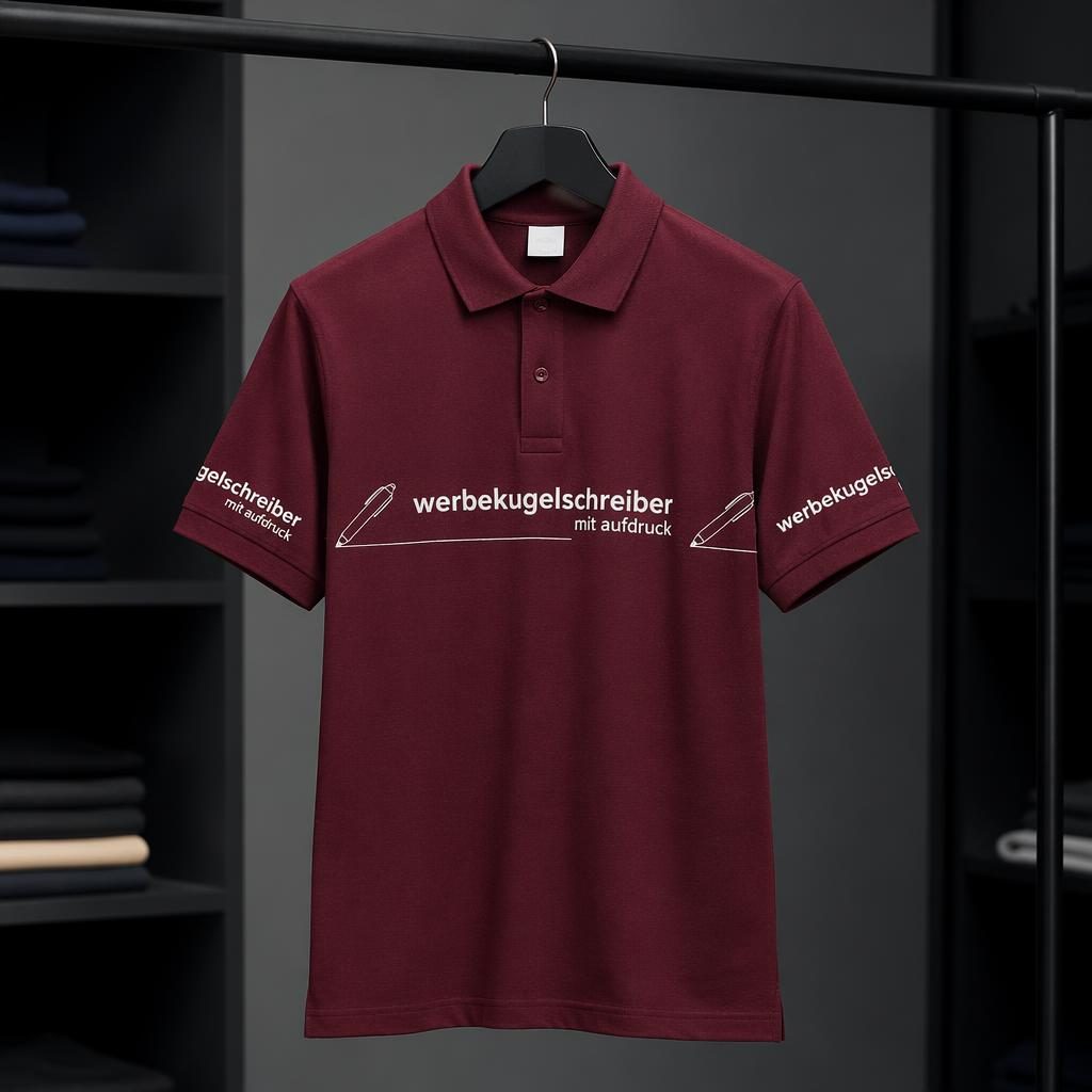 Bordeauxfarbenes Poloshirt mit umlaufendem Logo auf einem Kleiderständer, als fotorealistisches Studio-Mockup