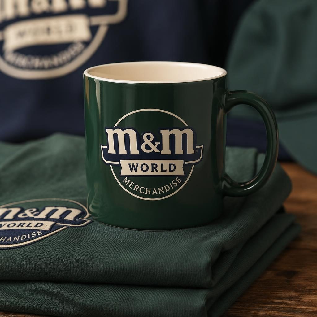 Forest green ceramic mug mockup with wraparound m&m world merchandise logo in navy and cream, studio-lit on a clean set.