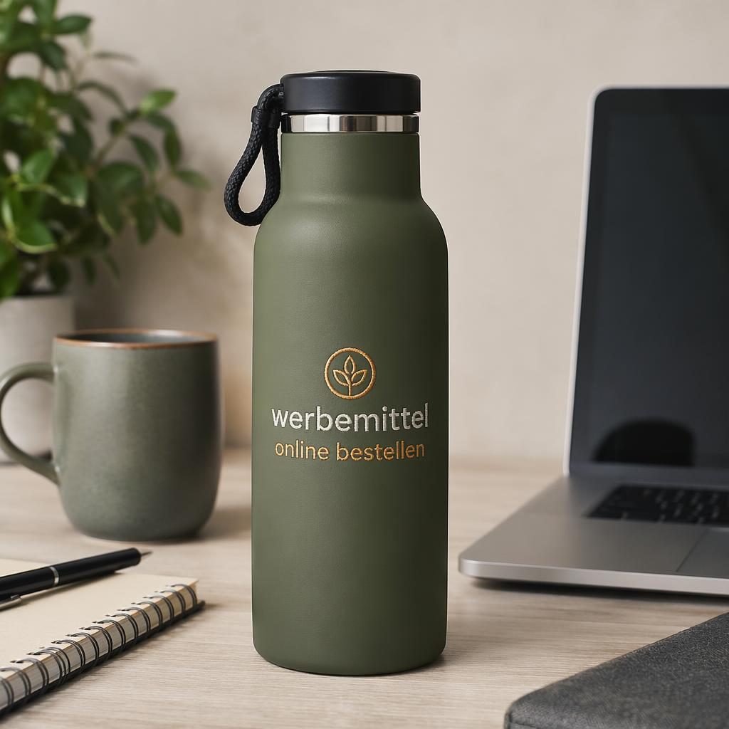 Fotorealistisches Mockup einer olivgrünen Trinkflasche auf einem Schreibtisch in warmer Erdfarb-Umgebung.