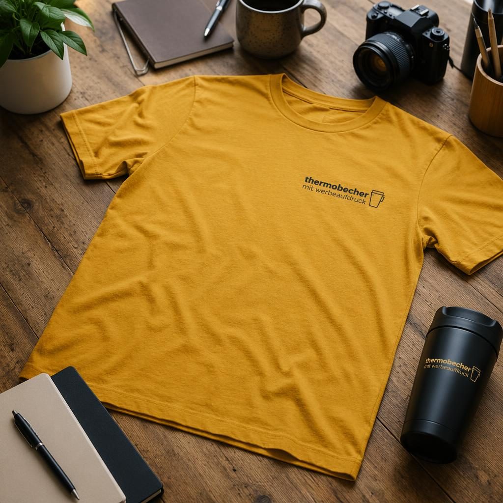 Senfgelbes T-Shirt mit kleinem Logo links auf der Brust in einer warmen Desk-Lifestyle-Szene als Merch-Mockup