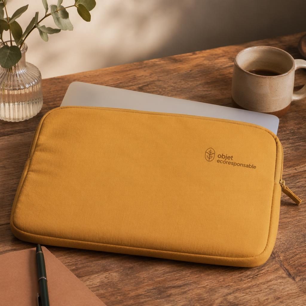 Mockup photo d’une housse d’ordinateur jaune moutarde sur un bureau, avec logo objet ecoresponsable discret.