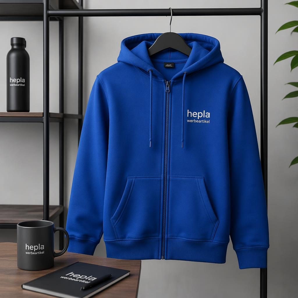 Royalblauer Zip-Hoodie mit hepla werbeartikel Logo, hängend an einer Kleiderstange im Studio